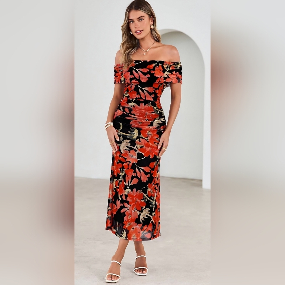 Off Shoulder Floral Maxi Dress Bodycon Ruched Elegant L - Picture 4 of 4